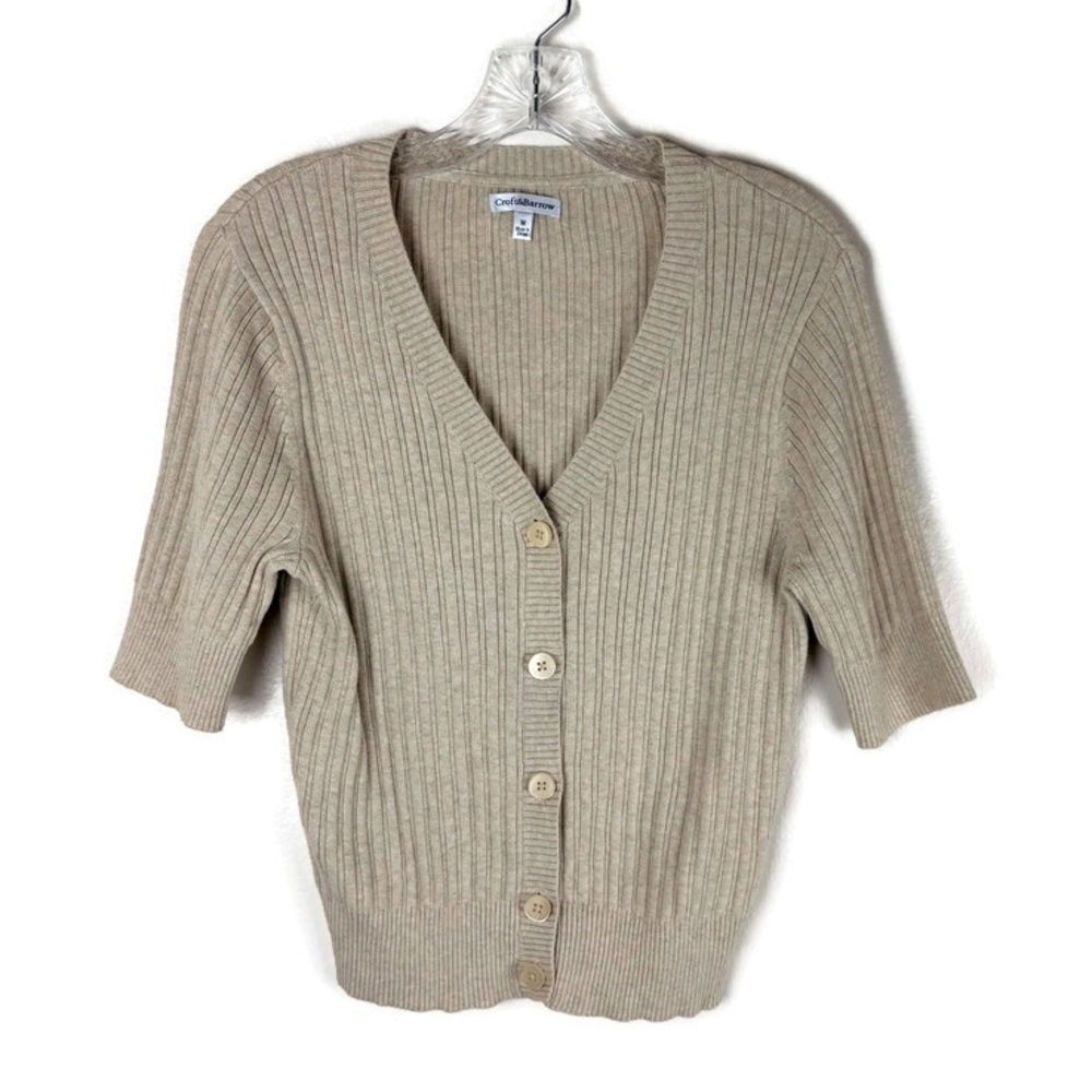 Croft & Barrow Ribbed Knit 3/4 Sleeve Button Up Cardigan Sweater in Taupe